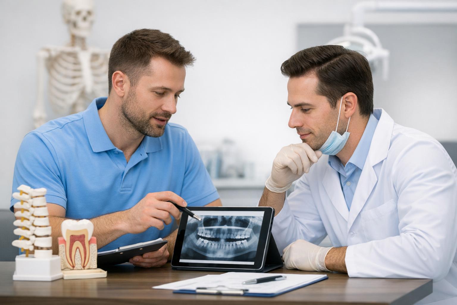 Praca zespołowa - fizjoterapeuta konsultuje przypadek z dentystą